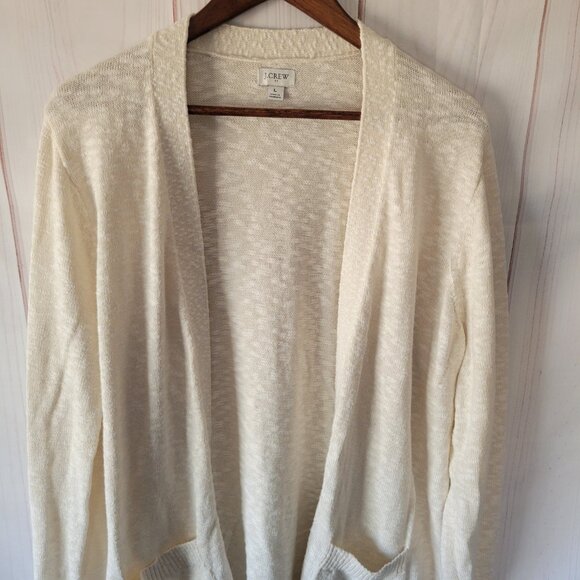 J Crew Textured Knit Open Front Long Cardigan Sweater, Cream Color, Pockets, EUC - Picture 3 of 10